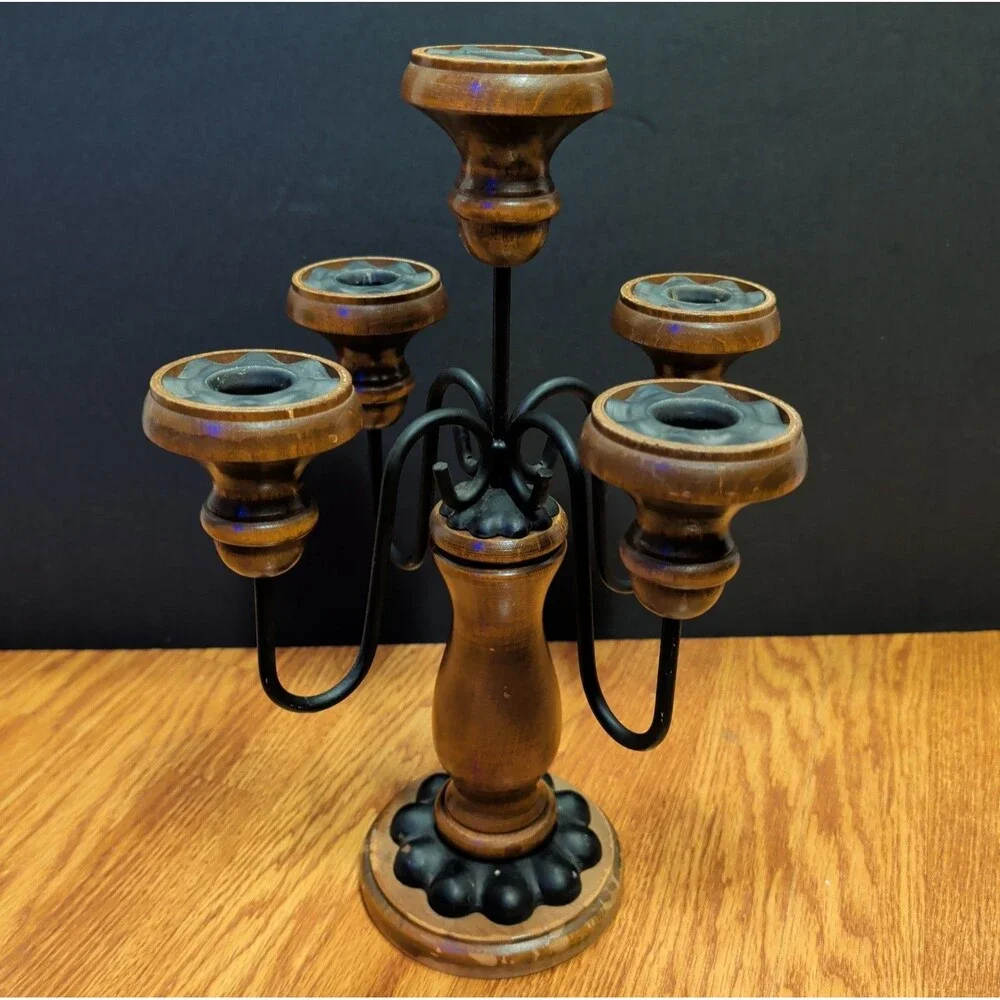 Vintage Wood & Black Metal 5 Light Candelabra Farmhouse Taper Candle Holder 15
